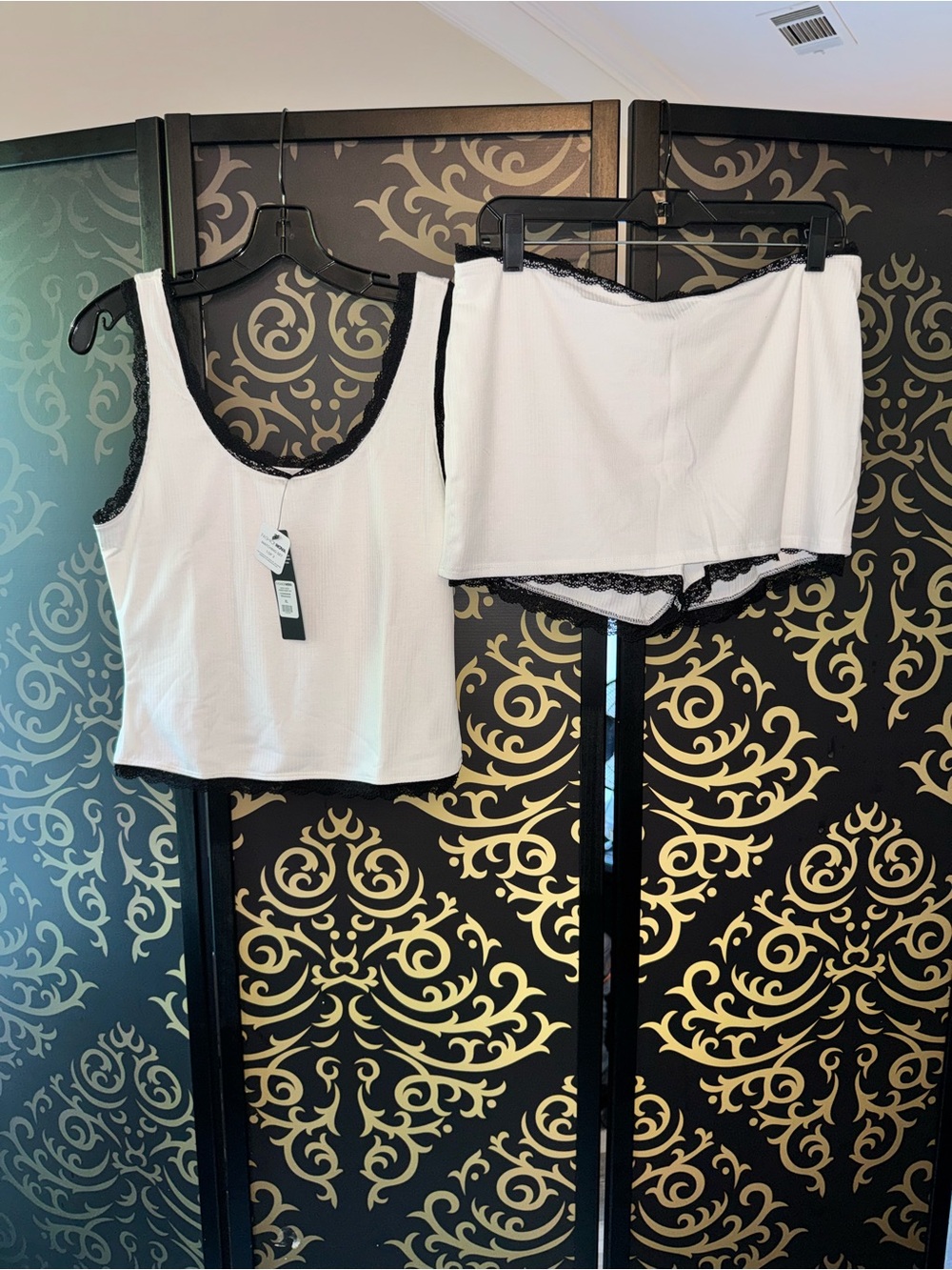 Fashion Nova White Ribbed Lace-Trim Tank & Shorts Set